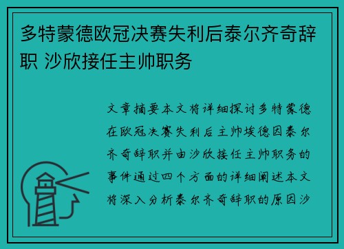 多特蒙德欧冠决赛失利后泰尔齐奇辞职 沙欣接任主帅职务 多特蒙德欧冠决赛失利后泰尔齐奇辞职 沙欣接任主帅职务